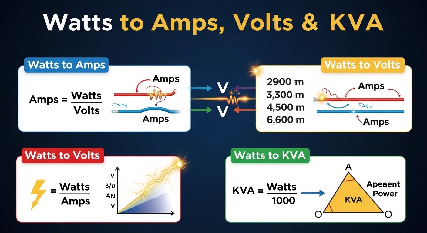 Watts to Amps, Volts & KVA